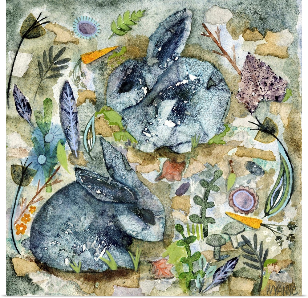 Two grey watercolor rabbits surrounded by small plants.