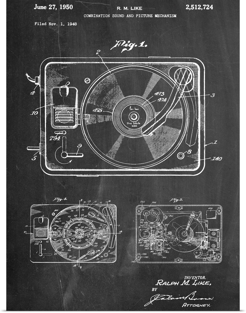 Black and white diagram showing the parts of a record player.