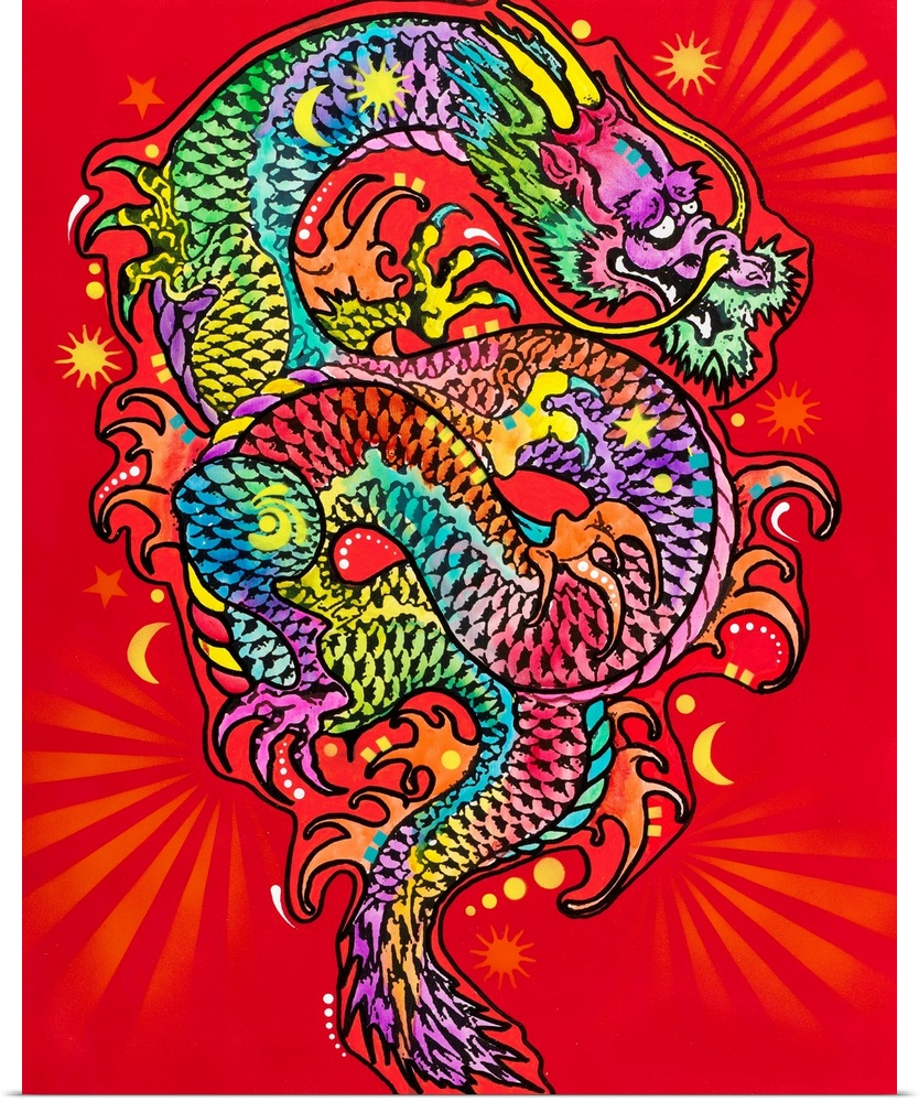 Colorful illustration of a dragon with a bright red background.
