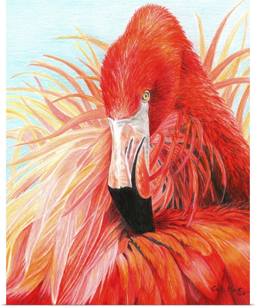 Contemporary artwork of vibrant colored red flamingo.