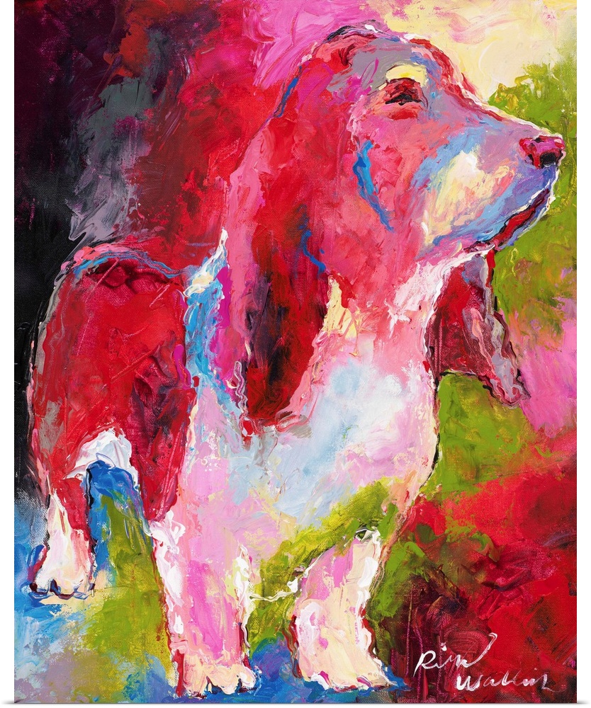 Colorful abstract painting of a basset hound in pink, green, and blue hues.