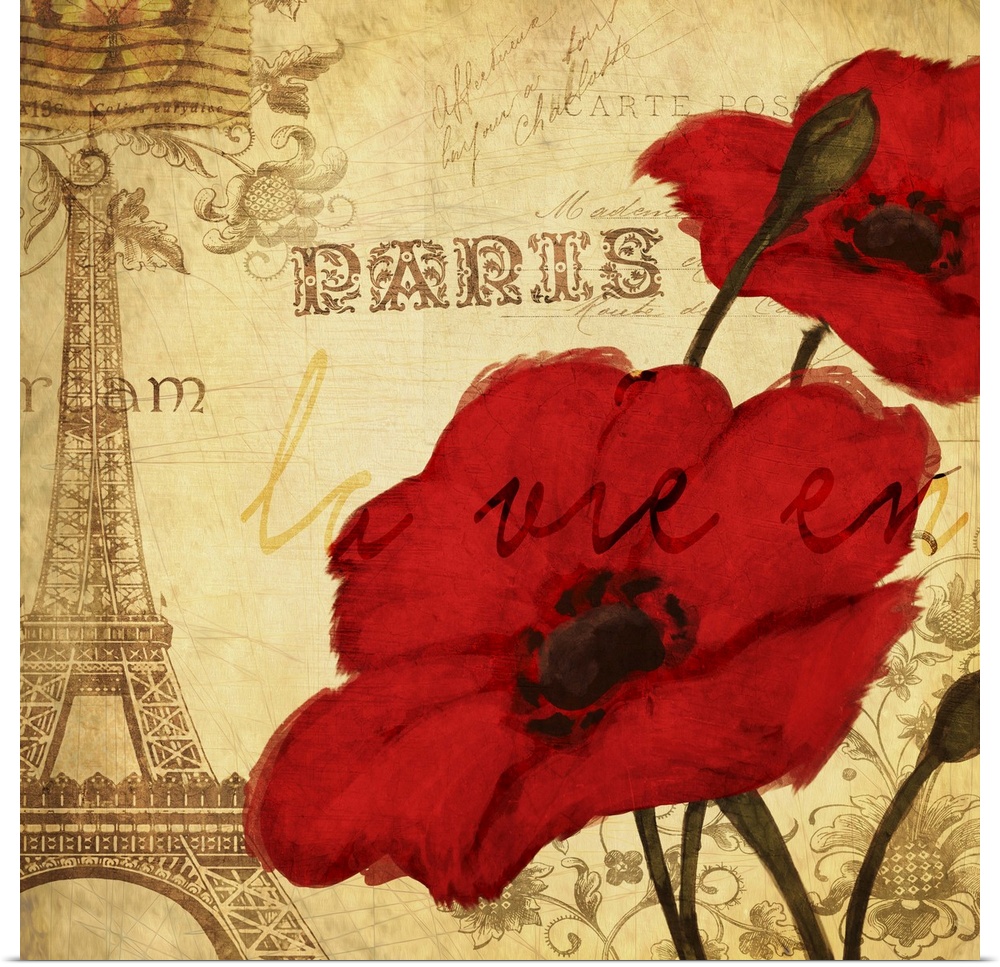 Square art with red poppies and a sepia toned Paris themed background with a postage stamp at the top left corner.
