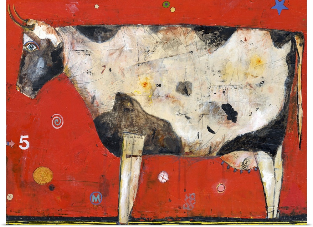 Lighthearted contemporary painting of cow against a red background.