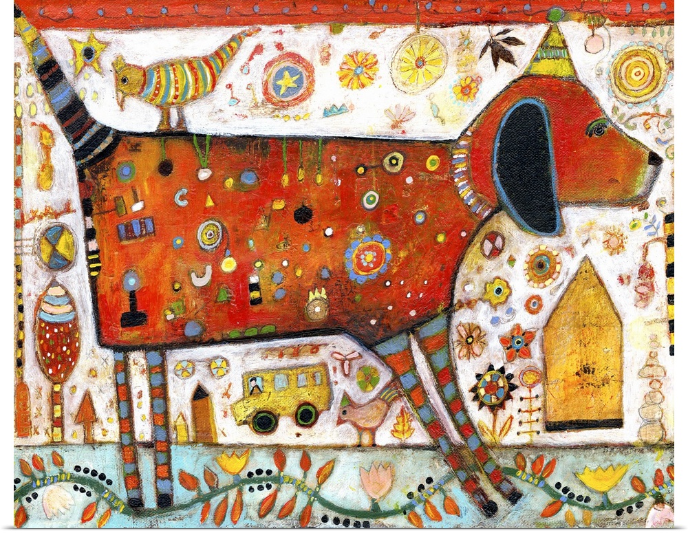 Lighthearted contemporary painting of red dog with spots and wearing a party hat.