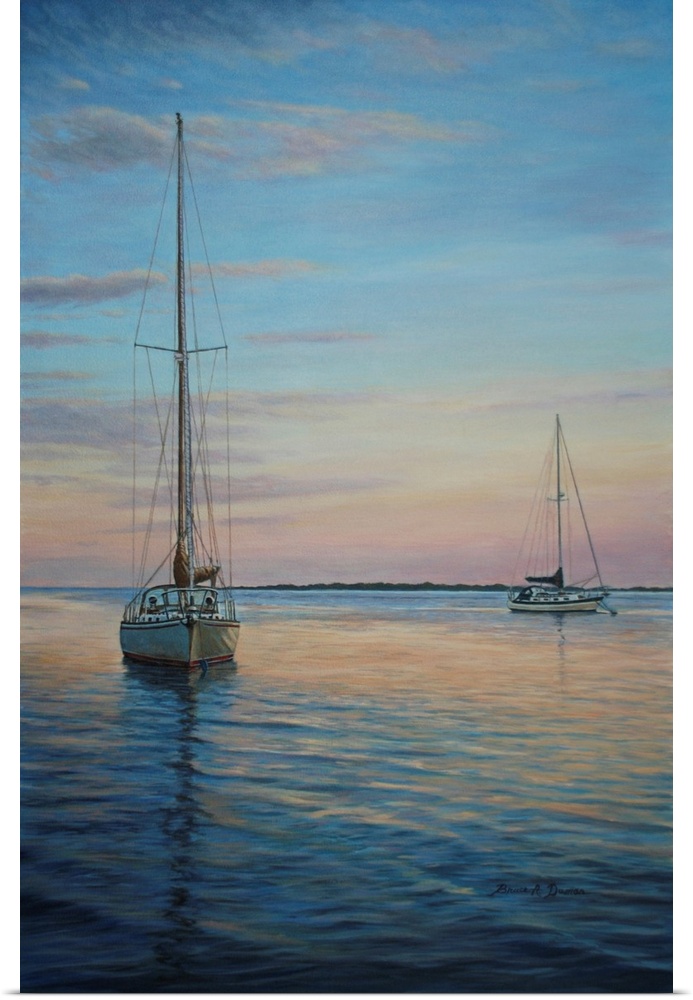 Contemporary artwork of two sailboats with the sails down.