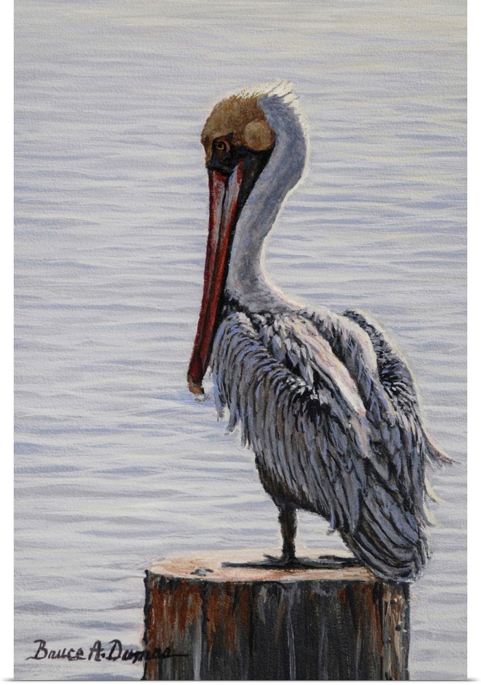 Contemporary artwork of a brown pelican on a post.