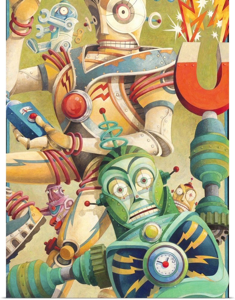 Contemporary artwork of elaborate and colorful looking robot characters.