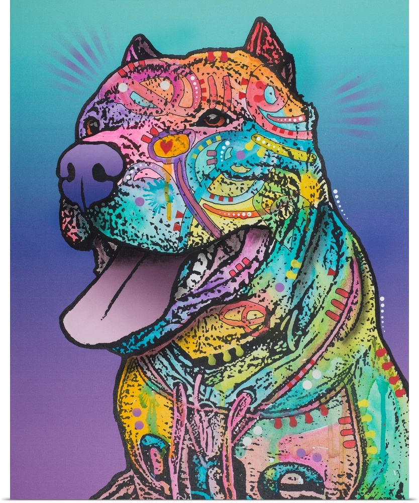 Illustration of a pit bull made with different colors and shaped designs on a blue and purple background.