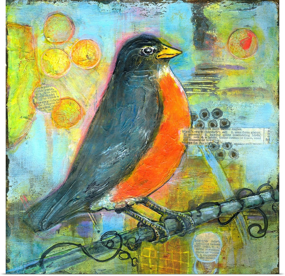 Lighthearted contemporary painting of a robin perched against a colorful abstract background.