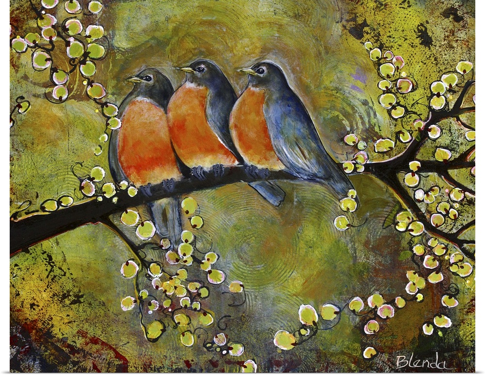 Lighthearted contemporary painting of three bluebirds perched on a branch together.