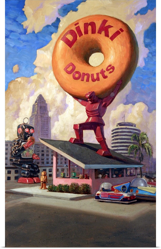 A contemporary painting of a giant red retro toy robot standing on top of a diner holding a giant donut while other robots...