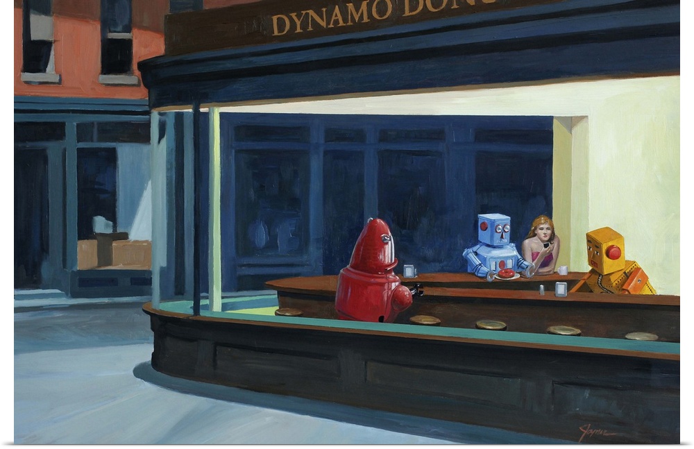 A contemporary painting of retro toy robots sitting in a donuts shop at night recreating a famous painting.
