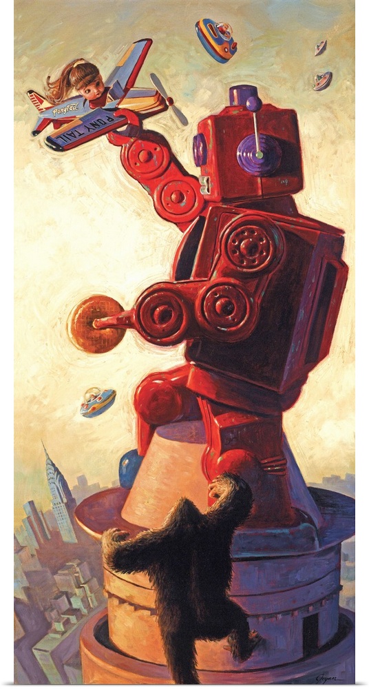 A contemporary painting of a giant red retro toy robot atop a skyscraper holding a donut and fighting off a toy planes.