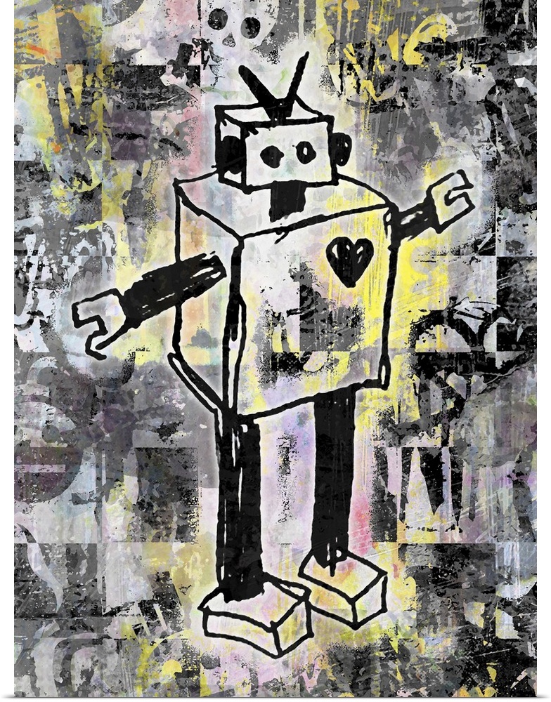 Cute painting of a robot made of simple lines and shapes.