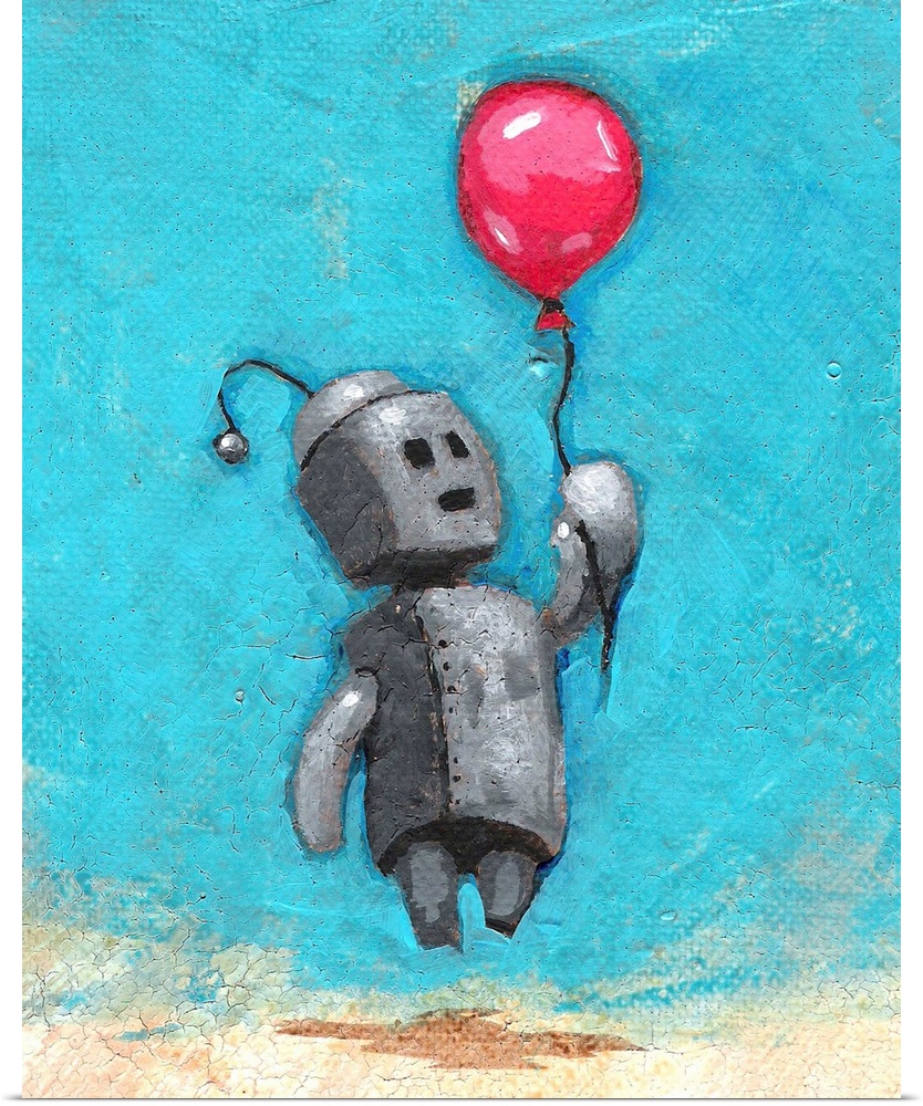 Illustration of a robot floating away with a red balloon.