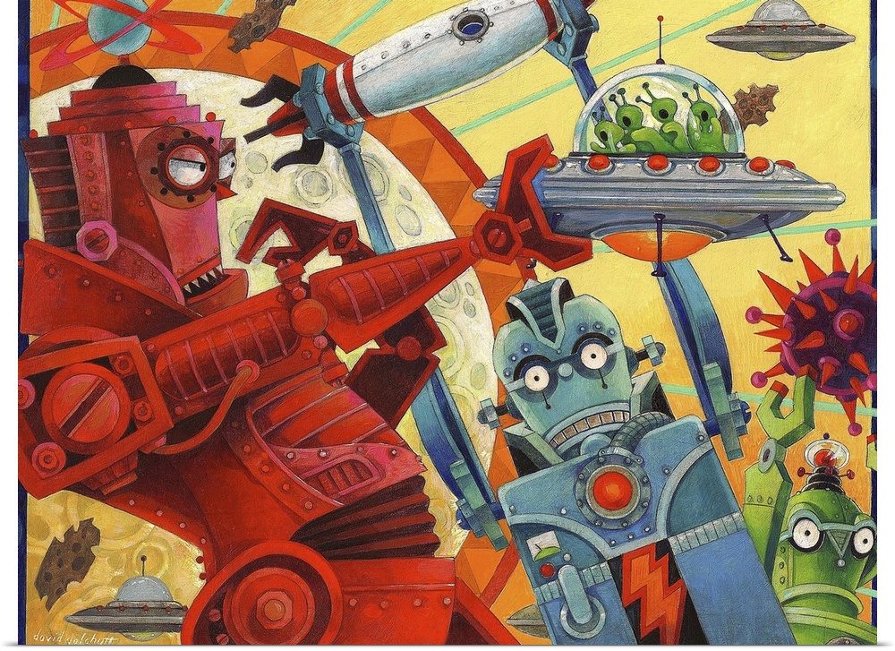 Contemporary piece of artwork with robots fighting alien ships, with rockets zooming all around.