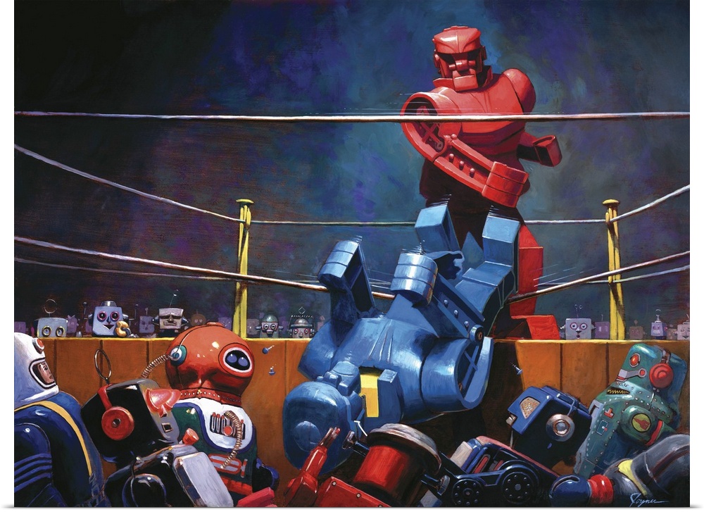 A contemporary painting of a giant retro toy robot boxing match.