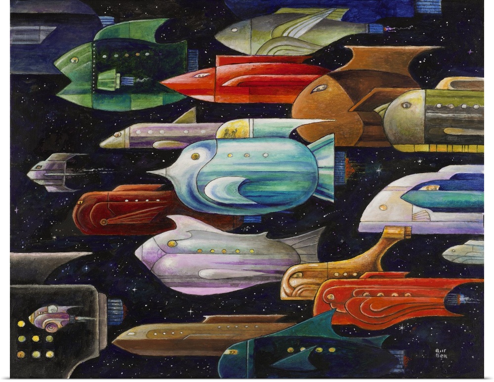 A painting of a group of spaceships in the shapes of fish.