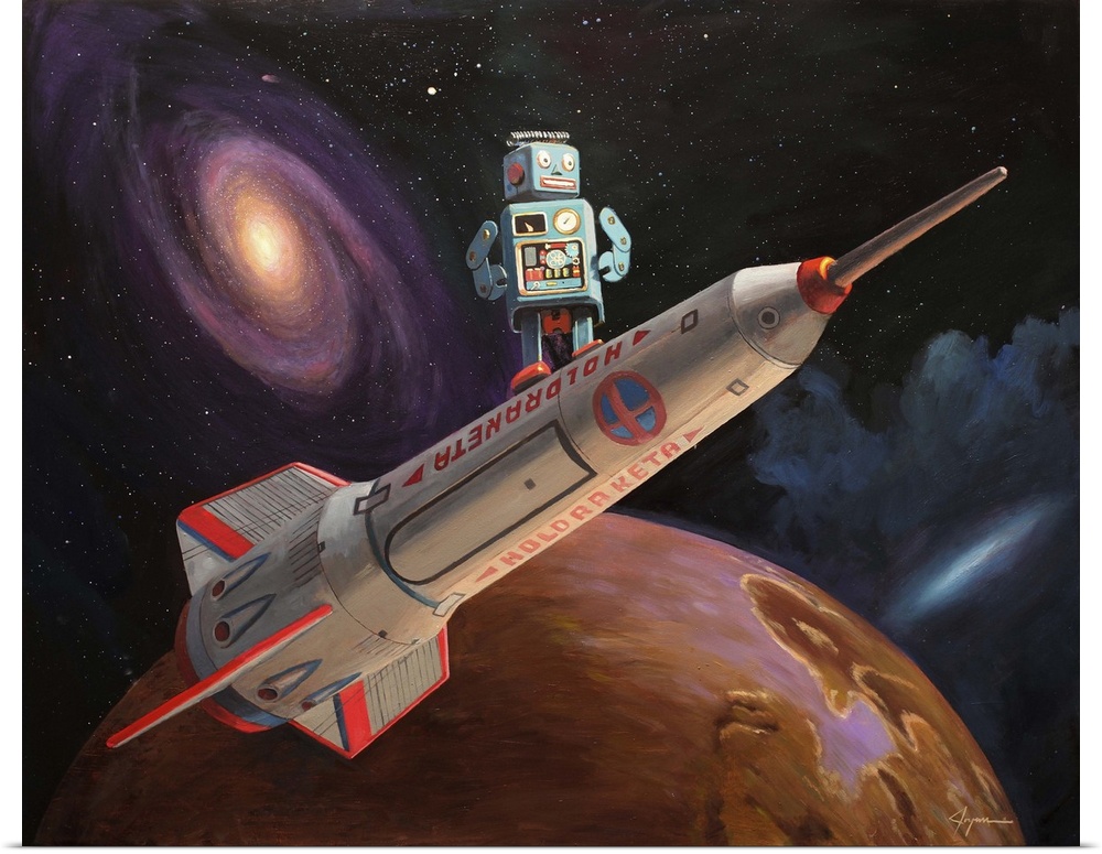 A contemporary painting of a mint green retro toy robot standing on a rocket ship with an outer space background.