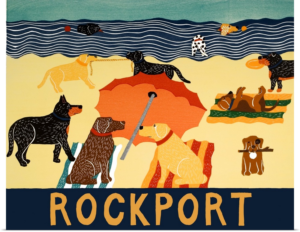 Illustration of multiple breeds of dogs having a beach day with "Rockport" written on the bottom.
