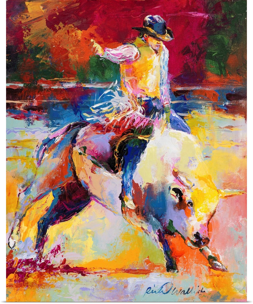 Colorful abstract painting of a man riding a bull at a rodeo.