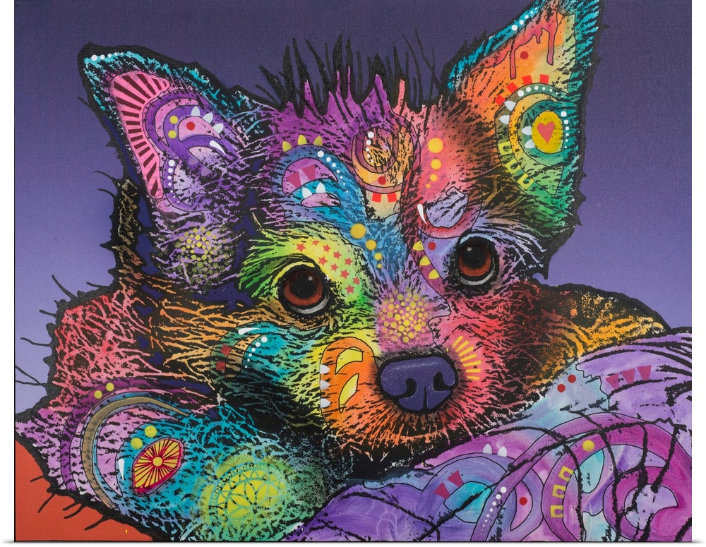 Colorful painting of a puppy with graffiti-like designs laying down with a purple background.