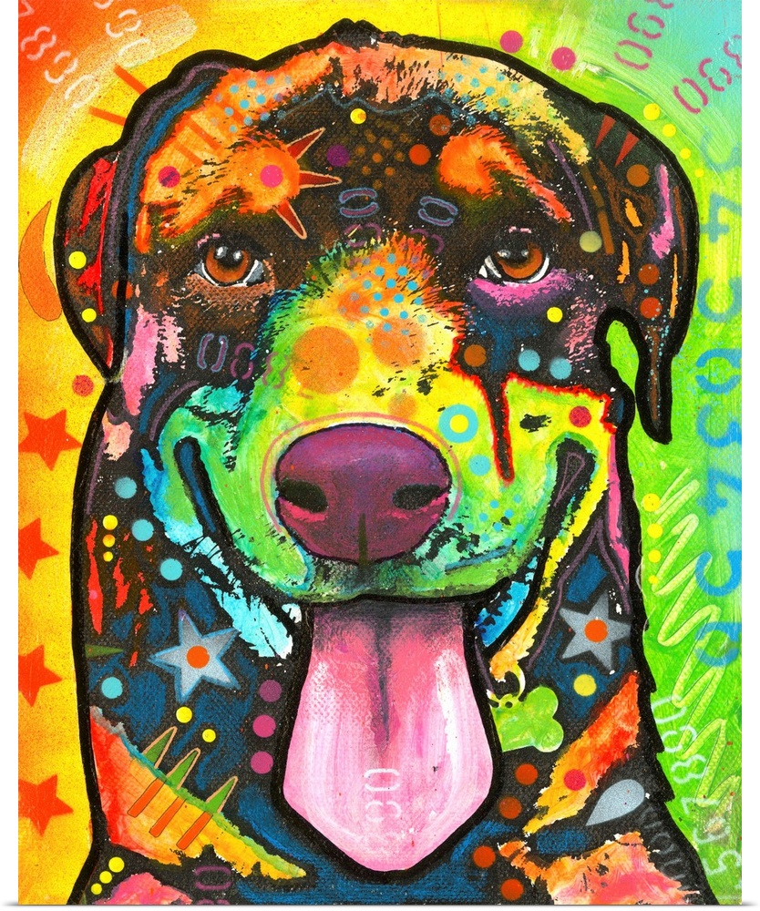 Colorful painting of a Rottweiler with abstract marking and designs all over.