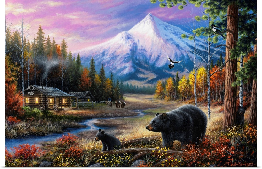 Contemporary landscape painting of a cabin the the woods with mountains in the background and two black bears in the foreg...