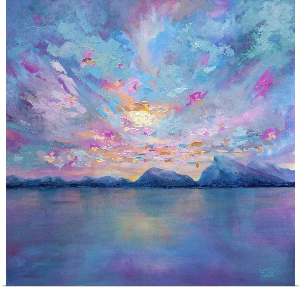 Fine art landscape painting of rocky mountains and cloudy sunset sky by contemporary artist Melissa McKinnon giclee art pr...