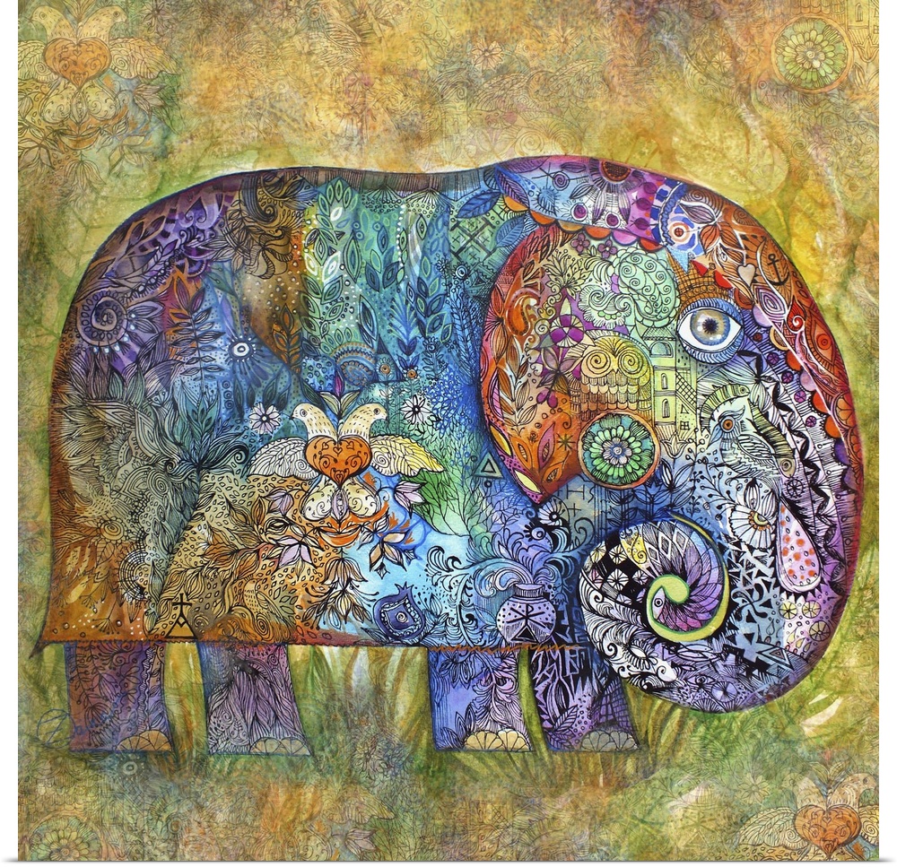 Contemporary painting of an elephant decorated with delicate floral patterns.
