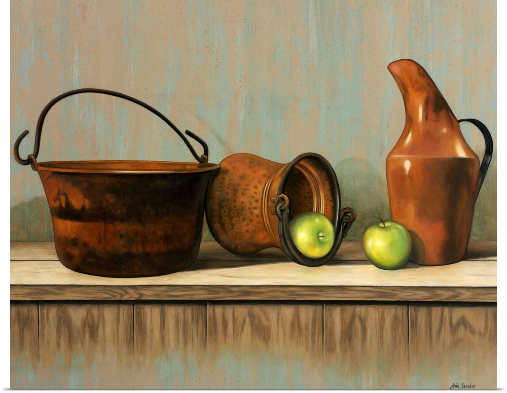 Old copper pails and jug with two green apples