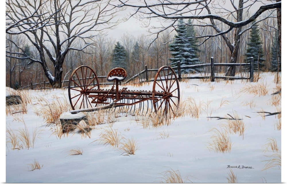 Contemporary artwork of a cultivator resting for the winter months