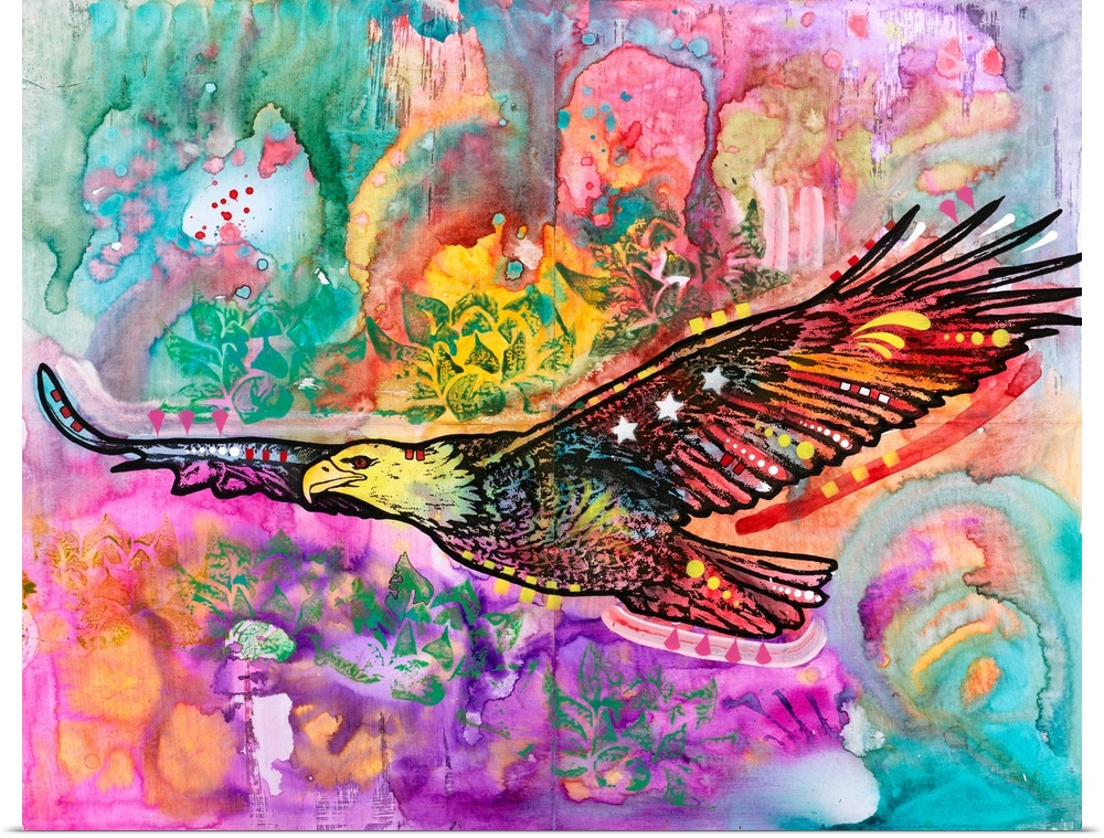 Colorful painting of an eagle flying and surrounded by abstract designs.