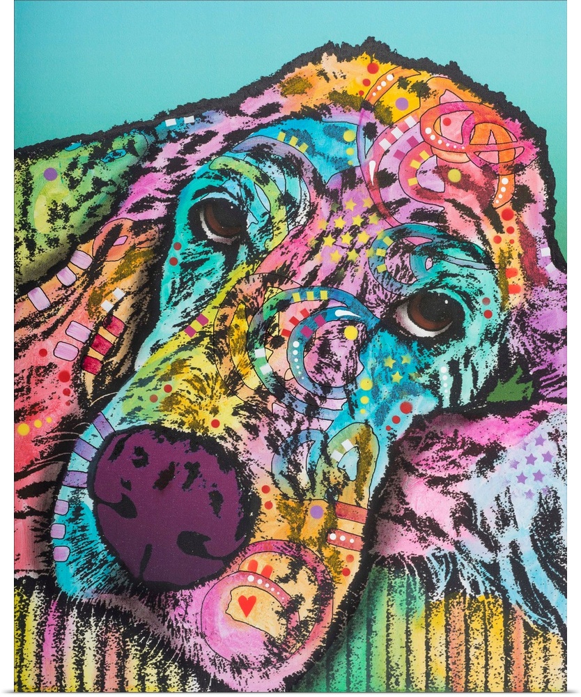 Pop art style painting of an Irish Setter resting its head with colorful abstract designs on a blue background.