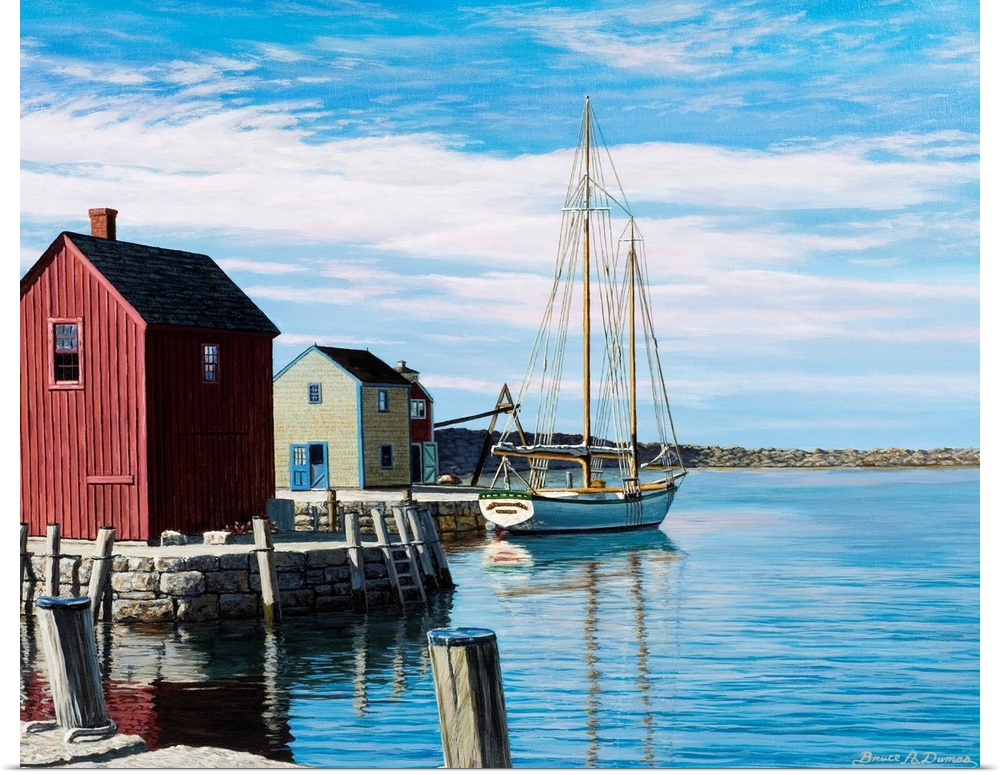 Contemporary painting of a boat and houses at a harbor in Rockport, Massachusetts.