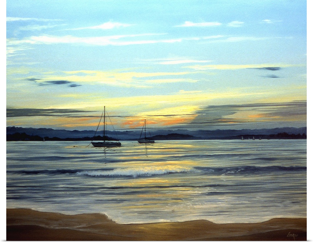 Contemporary painting of a calm shoreline at dusk, with boats in the distance.