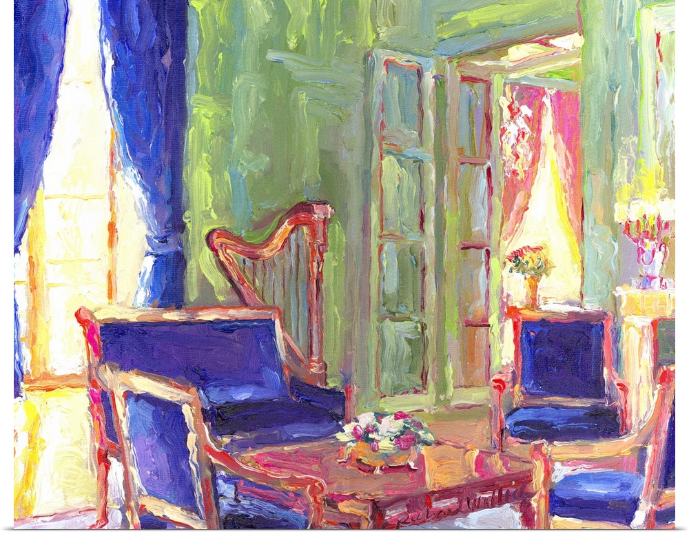 Contemporary colorful painting of a salon with fancy blue furniture and a harp.