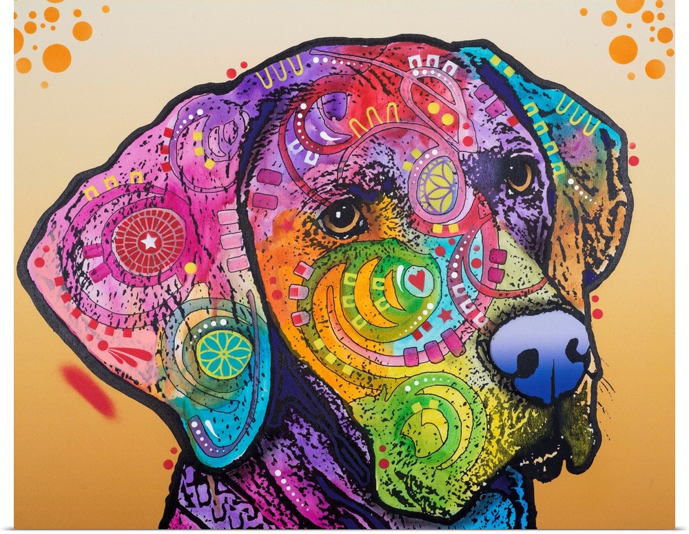 Pop art style painting of a Labrador with different colors and abstract designs on an orange background.