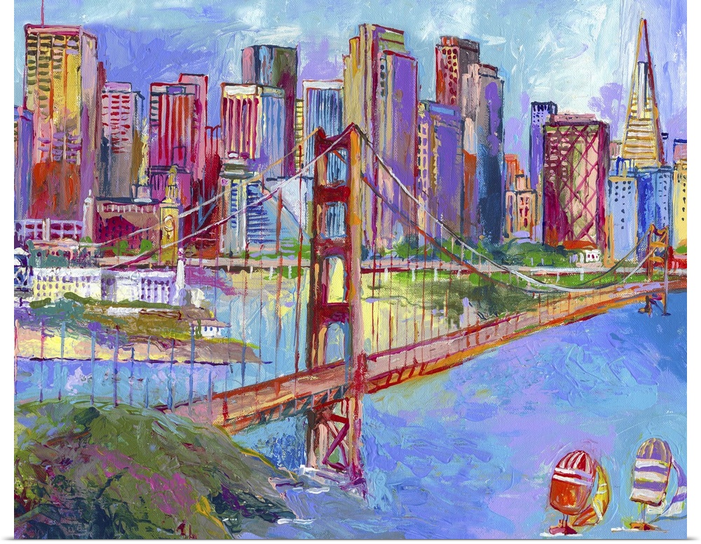 San Francisco's Golden Gate Bridge and harbor area.