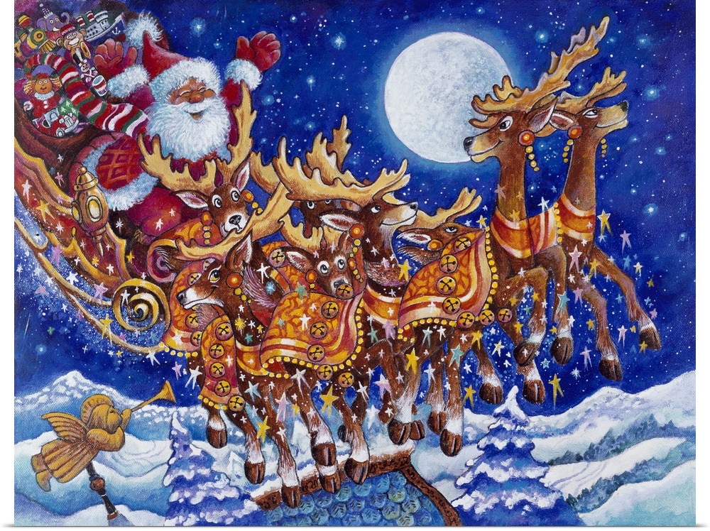 Santa on roof in sleigh pulled by reindeer.