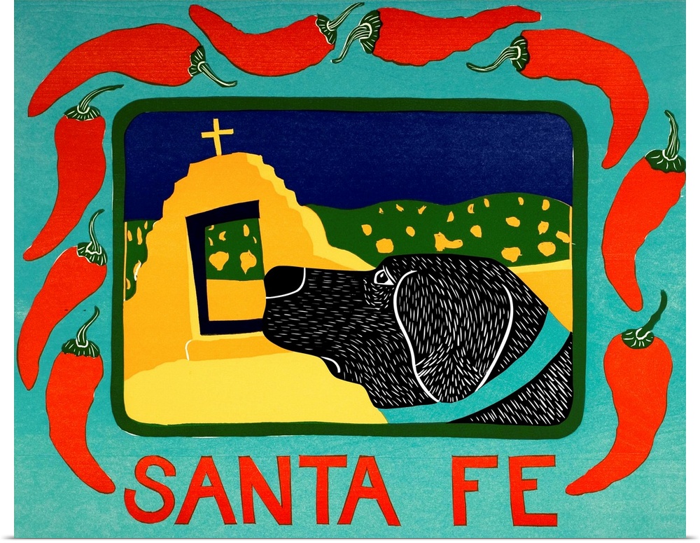 Illustration of a black lab in Santa Fe framed in a blue frame with red chilies on it and the word "Santa Fe"