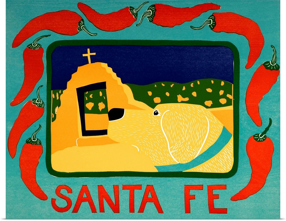 Illustration of a yellow lab in Santa Fe framed in a blue frame with red chilies on it and the word "Santa Fe"