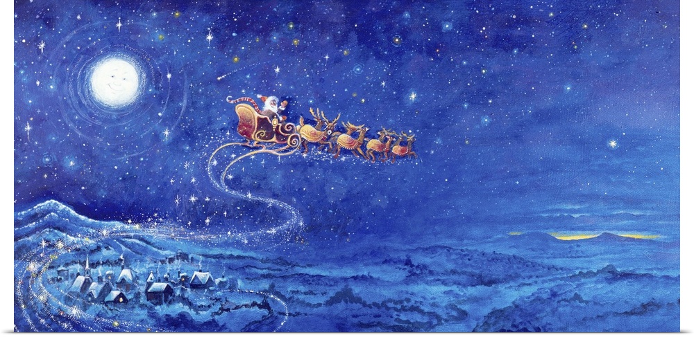 Santa in night sky over winter village in sleigh pulled by reindeer.