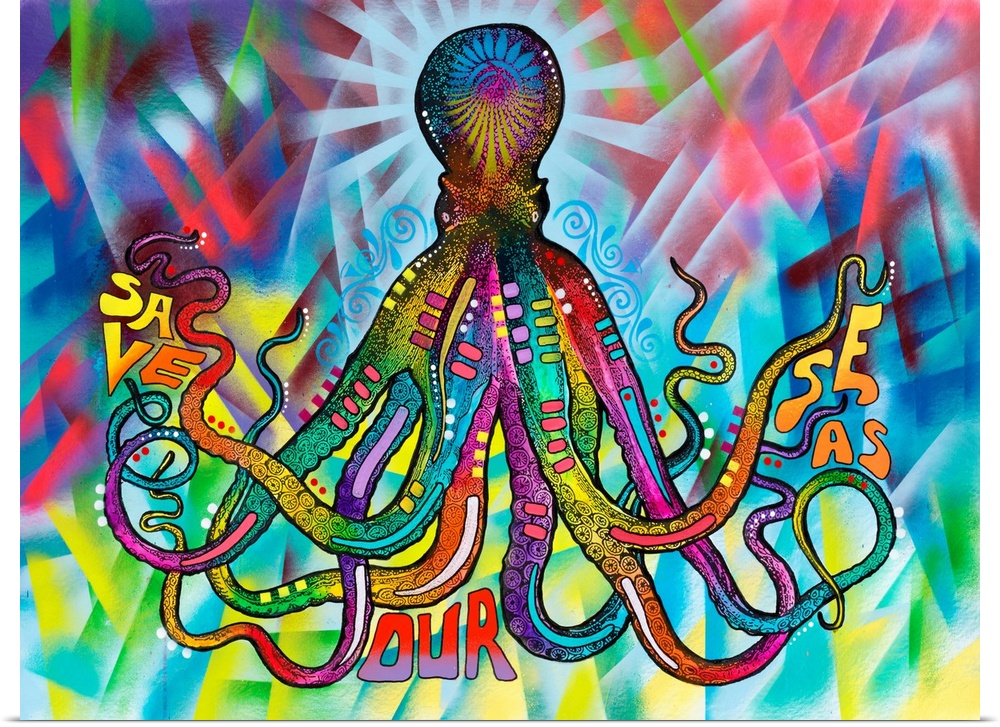 Contemporary stencil painting of an octopus filled with various colors and patterns and text that says "Save Our Seas."