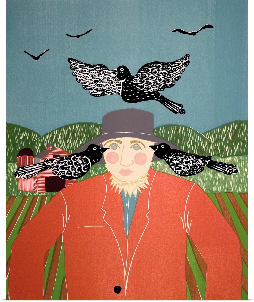 Illustration of a scarecrow in a field surrounded by black crows with a red barn in the background.