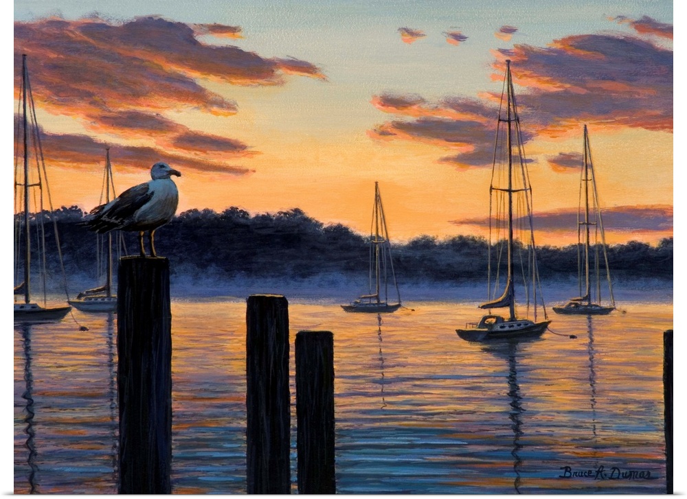 Contemporary artwork of seagull and sailboats at sunset.