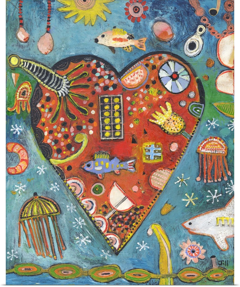 Lighthearted contemporary painting of a heart with a collage of marine life inside.