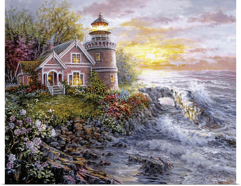 Painting of lighthouse scene featuring glowing windows. Product is a painting reproduction only, and does not contain actu...