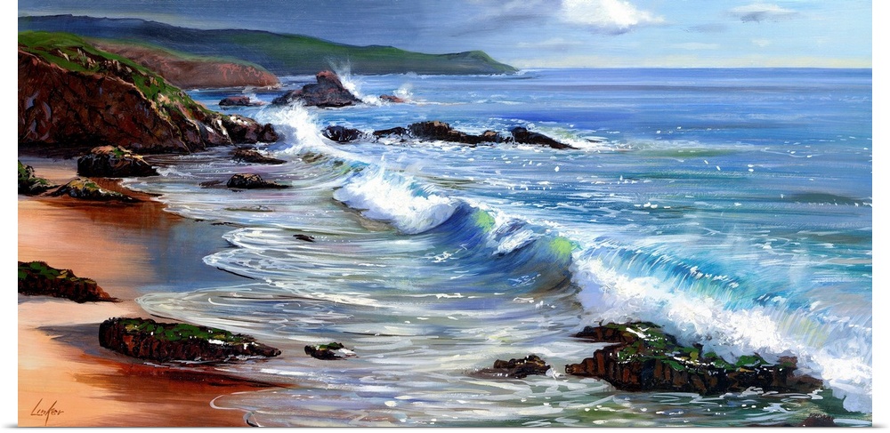 Contemporary painting of waves from the ocean crashing on a rugged coastline.