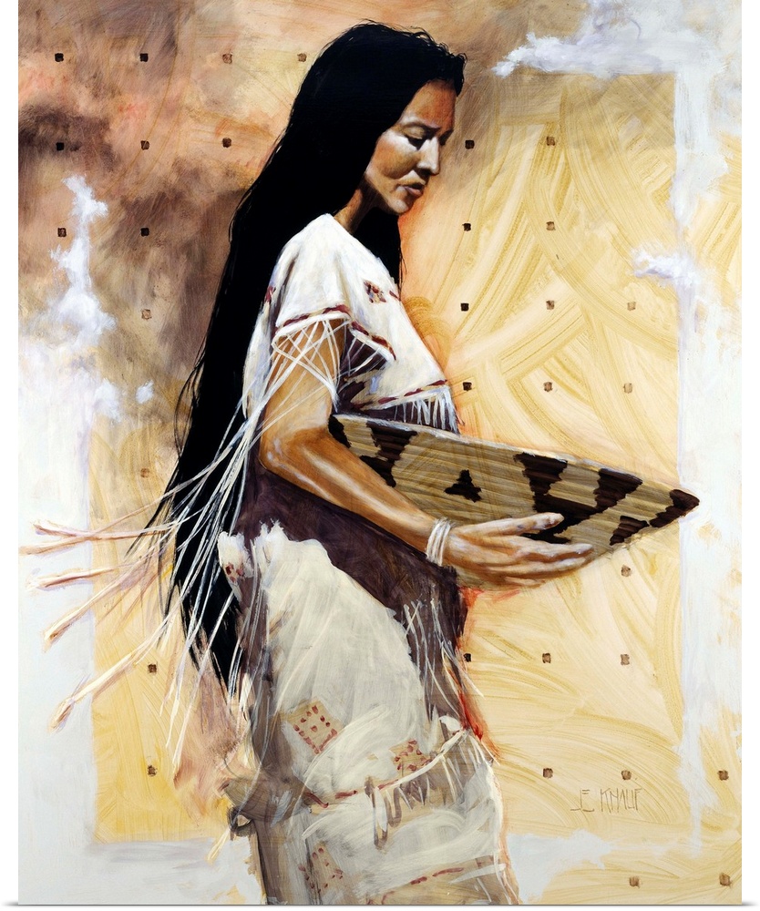 Contemporary western theme painting of a traditionally dressed native American woman.